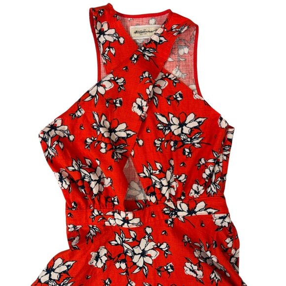 Abercrombie & Fitch Dress Womens XS Red Floral Crisscross Halter Skater Keyhole - Picture 3 of 13